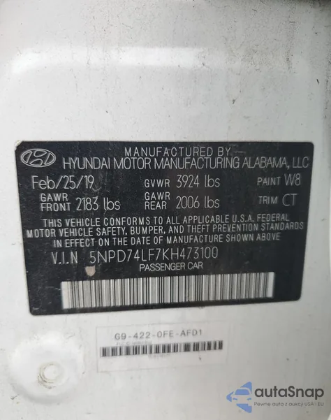 2019 Hyundai Elantra Se z USA, uszkodzony, nr VIN 5NPD74LF7KH473100